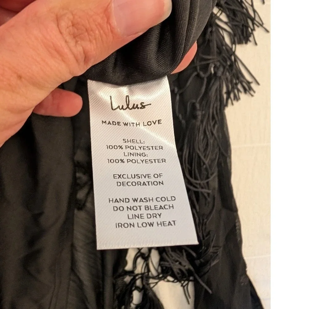 Lulus‎ Fun Affair Black Floral Embroidered Tassel Wrap Midi Dress  S